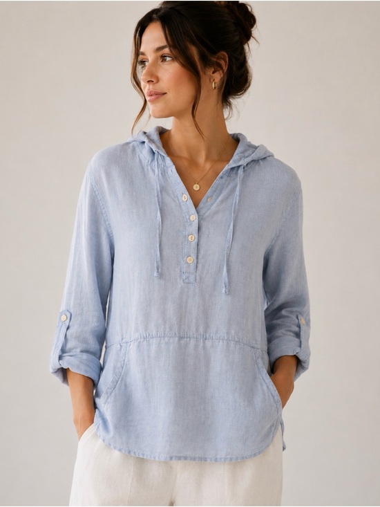 Tahari Tops - Tahari 100% Linen Hooded Popver Top Light Blue Women’s Small cottagecore/ beach
